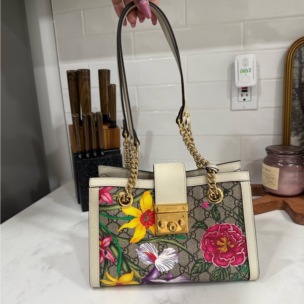Gucci Floral Shoulder Bag with Gold Chain